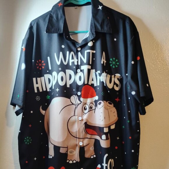 Unbranded XL "I want a hippopotamus for Christmas" Short Sleeve Button Up Shirt. - Picture 1 of 5